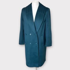 Vintage 80s Alorna Wool Blend Trench Coat Double Breasted Peacock Blue sz M